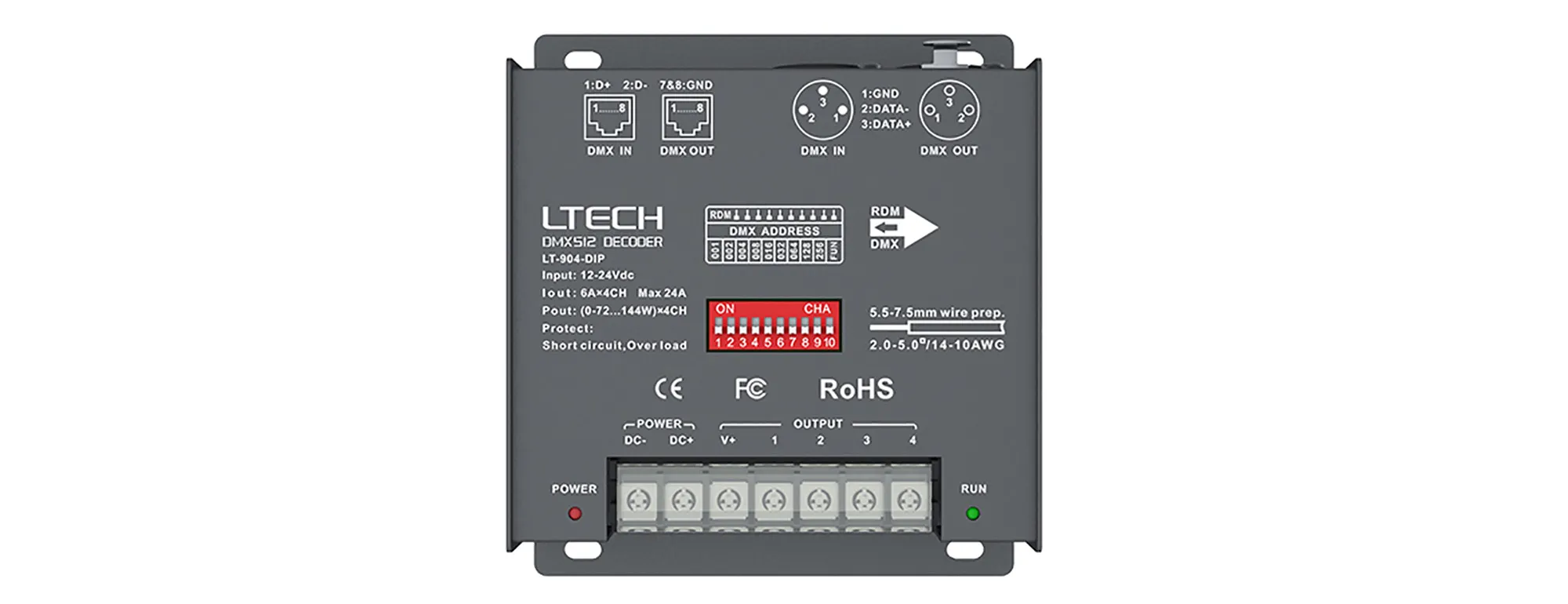 904-DIP  4Ch 6A CV DMX Decoder, 576W Max.Power, XLR & RJ45 Port, Self testing, DMX512/RDM I/P signal, IP20.